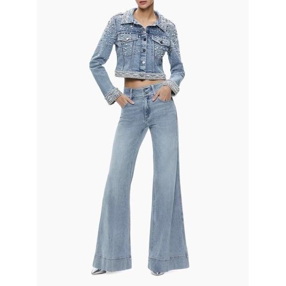 Alice + & Olivia Nelson Crystal Embellished Cropped Denim Jean Jacket Small Blue - Picture 2 of 11